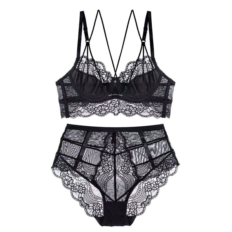 SEXY Y-LINED FLORAL LACE SET - BLACK / 70B