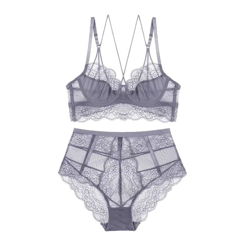 SEXY Y-LINED FLORAL LACE SET - GRAY / 70B