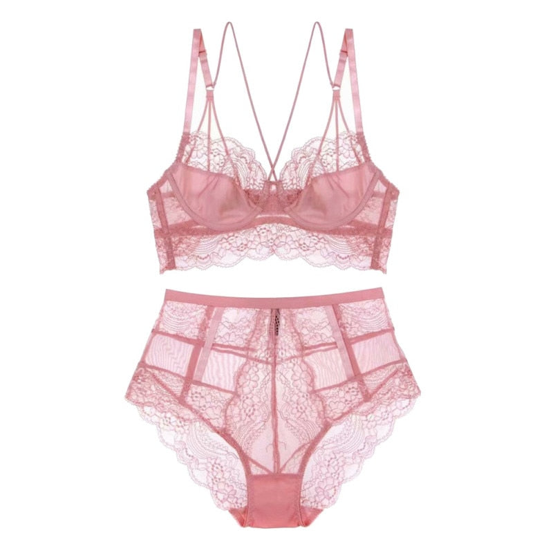 SEXY Y-LINED FLORAL LACE SET - PINK / 70B