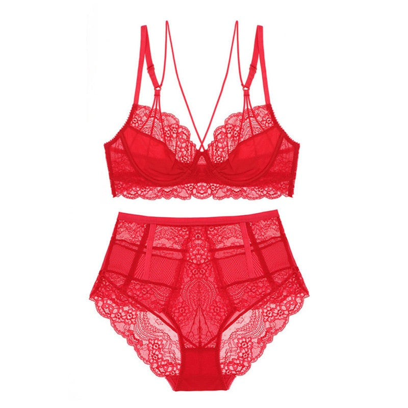 SEXY Y-LINED FLORAL LACE SET - RED / 70B